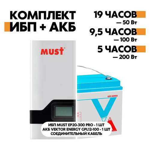 Комплект ИБП Must + Vektor 300Вт/100А*ч для котла отопления